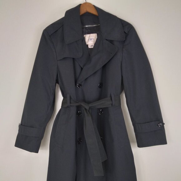 Y2K  Black Trench Coat Made In USA For Military Zip Out Lining Stylish Sz 38XS - Picture 2 of 15